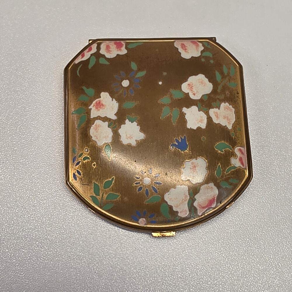 Mid Century Modern Cloisonne Powder Compact Mirror Brass Floral Print Vintage